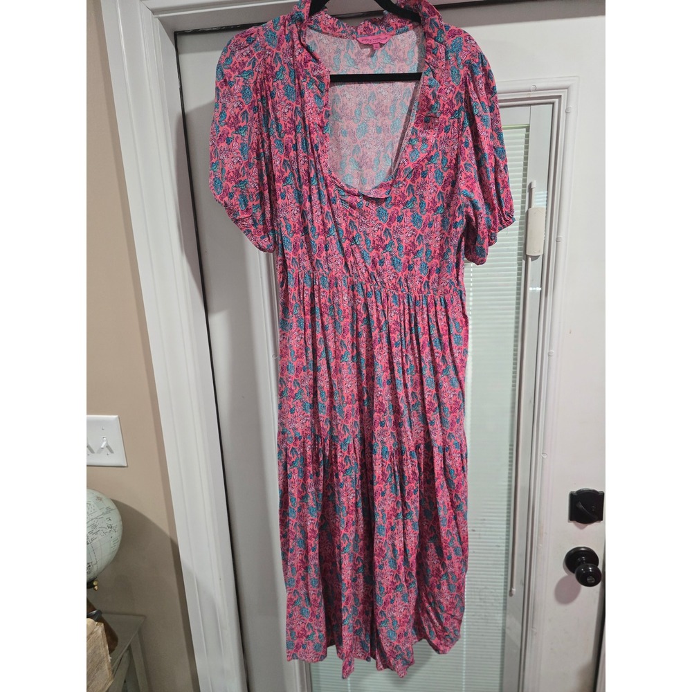 Simply Southern Pink Teal Seahorse Coastal Tiered Midi Dress Large Ruffle Neck